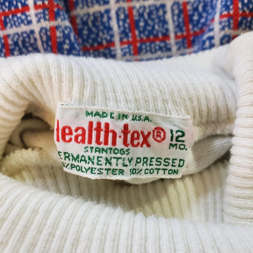 Healthtex Vintage 70s Boys Plaid Romper & Football Applique Turtleneck Top 6-12M